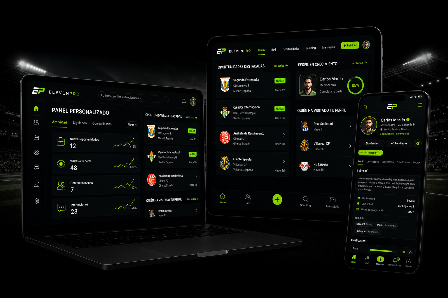 ElevenPro on laptop, tablet and phone: activity panel, featured opportunities and professional profile
